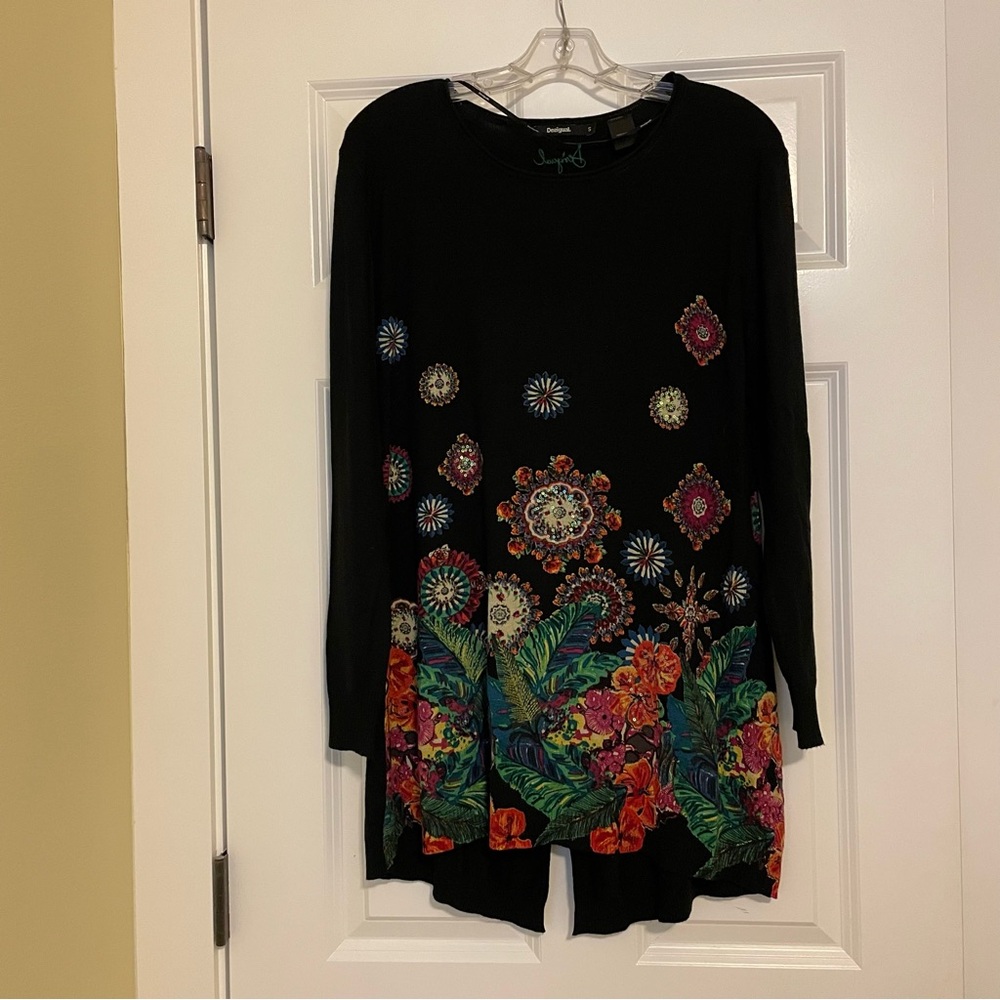 Desigual Black Multicolor Floral Long Sleeve Top